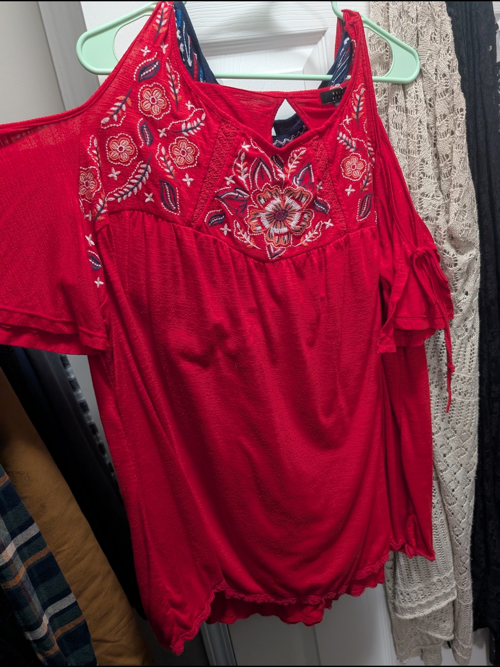 Women's Red Embroidered Cold-Shoulder Tunic Top